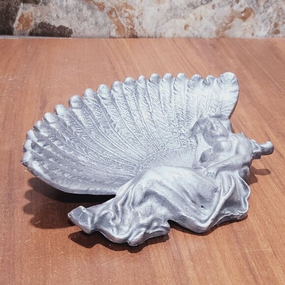 Vintage Cast Metal Trinket Dish Feather Fan Boudoir Lady - Picture 10 of 11
